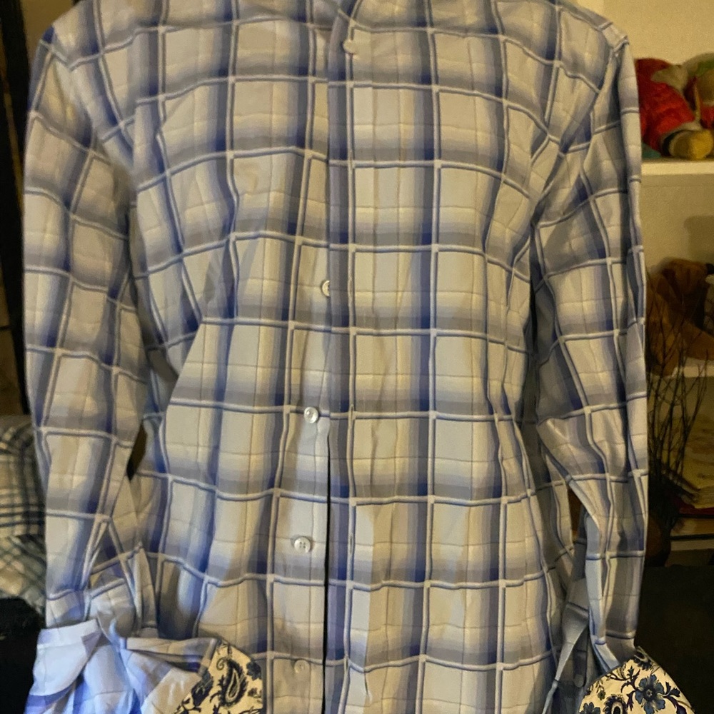 Tasso Elba Blue and White Plaid Button-Down Shirt